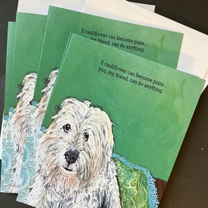 Perro blanco en conjunto de tarjetas de notas verdes de pintura/collage original