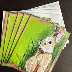 Bunny on Pink and Green Note Card Set From Original Painting