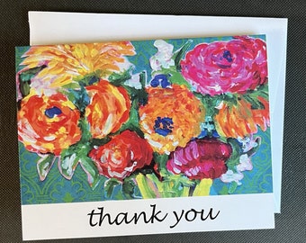 Bright Flowers Thank You Single Note Card From Original Painting "From India"