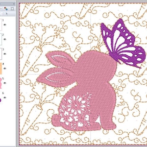May include: A pink bunny rabbit with a white floral design on its body is holding a purple butterfly with white wings. The bunny and butterfly are on a white background with a gold outline of carrots and swirls.