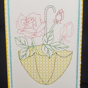 Carte de voeux, parapluie et roses - motif de broderie machine pour papier cartonné -