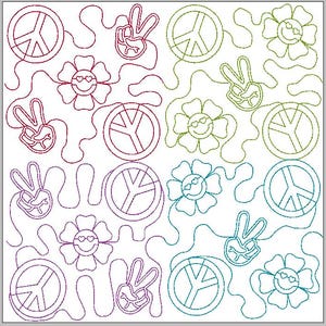 May include: A square design featuring a repeating pattern of peace signs, peace hand gestures, and smiling flowers with heart-shaped sunglasses. The design is outlined in red, green, purple, and teal on a white background.