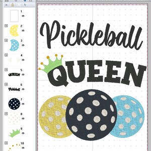 May include: Pickleball Queen embroidery design with a black and white queen text, a green crown, and three pickleball balls in yellow, blue, and black with white polka dots.