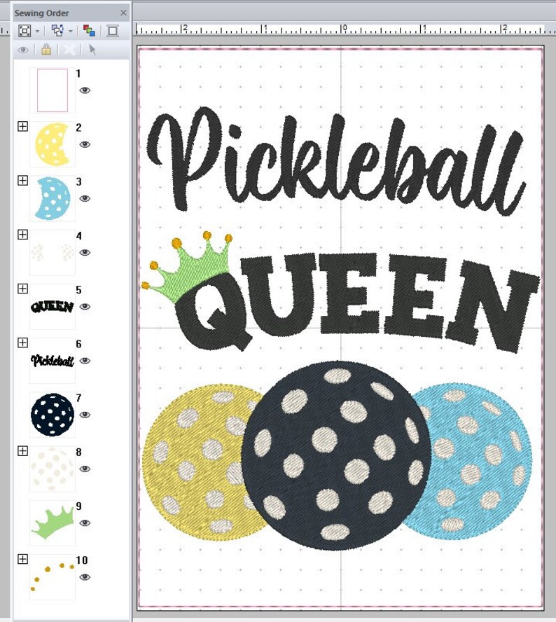 May include: Pickleball Queen embroidery design with a black and white queen text, a green crown, and three pickleball balls in yellow, blue, and black with white polka dots.