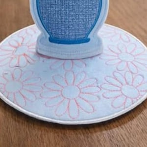 May include: A light blue, round coaster with a white border and a daisy pattern in pink. A blue and white object sits on top of the coaster. The coaster is on a wooden surface.