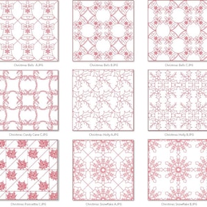 May include: A collection of 15 digital embroidery designs featuring various Christmas themes, including bells, candy canes, holly, poinsettias, and snowflakes. The designs are in a red and white color scheme and are perfect for creating festive crafts.