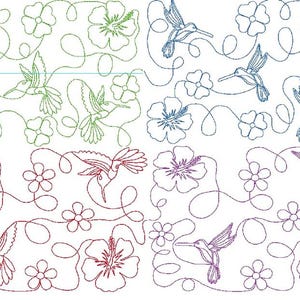 Puede incluir: Cuatro paneles de diseños de colibríes y flores en verde, azul, rojo y morado. Cada panel presenta un patrón repetitivo de colibríes y flores conectados por líneas fluidas, creando un borde decorativo.