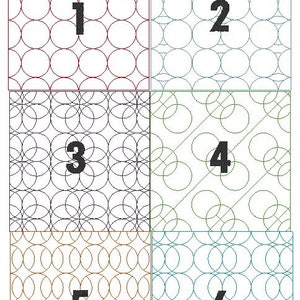 Puede incluir: Se muestran seis patrones de círculos diferentes, numerados del 1 al 6. Cada patrón es un cuadrado con un color y un diseño diferentes de círculos superpuestos. El texto "Examples are shown at 2.0 In Circles" está en la parte superior de la imagen.