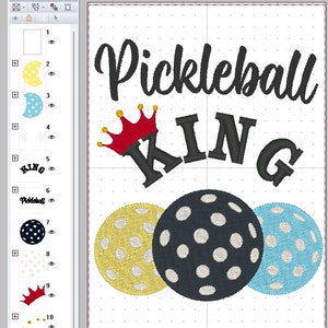 May include: A black and white embroidery design featuring the words "Pickleball King" with a crown above the word "King". Three pickleball paddles are shown below the text, one yellow, one blue, and one black.