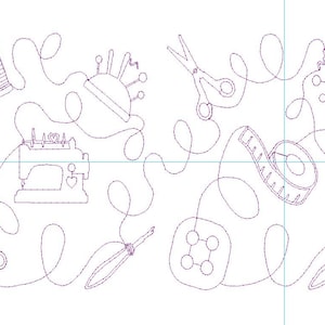 Puede incluir: Un dibujo en blanco y negro de artículos de costura que incluye una máquina de coser, tijeras, carretes de hilo, un alfiletero, un botón y una cinta métrica. Los artículos están rodeados de espirales y líneas.