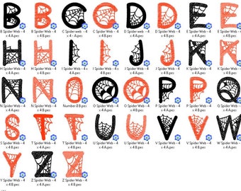 May include: A set of 26 alphabet letters with a spider web design. The letters are in black and orange with a spider web pattern. Each letter is approximately 4 inches tall.