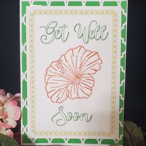 Cartão de felicitações, desenhos de bordado à máquina com flores de hibisco para melhoras, - somente para papel cartão