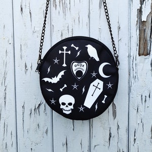 Round Black Gothic Bag - Handbag Coffin Skeleton Horror Ouija Bat