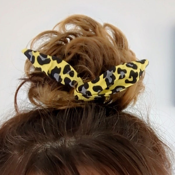 Neon Yellow Leopard Print Bun Wrap - Wired - Hairband Scrunchie Messy Bun Top Knot Bow