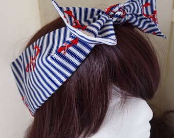 1950s Red /& White Nautical Head Scarf Wired Tie Hair Rockabilly Anchor Not