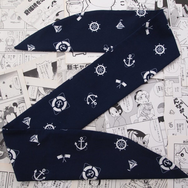 50s Vtg Navy Blue Nautical Head Scarf With Wire or Not - Rockabilly Sailor Pirate Captain Pin Up Girl Boat Ship Anchor Wheel Buoy Sea