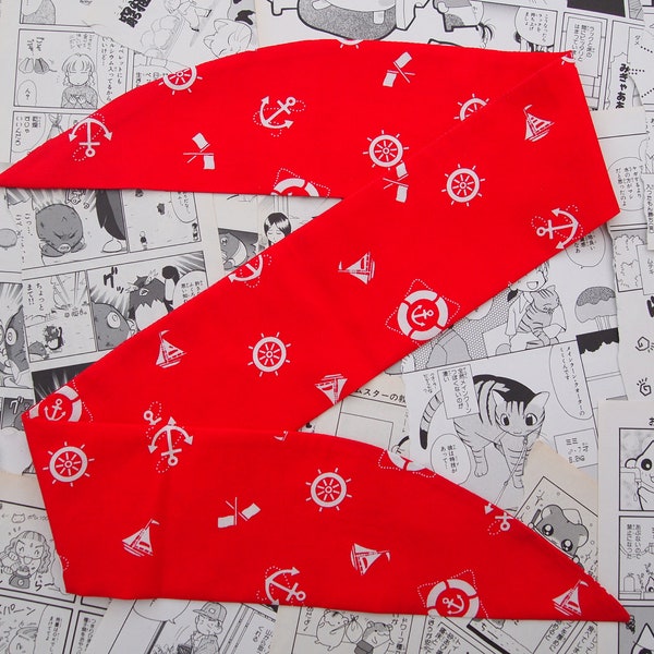 Red Nautical Rockabilly Head Scarf With or Without Wire - Anchor Sailor 1950s Bandana Hair Tie Navy Pin Up Girl Vintage