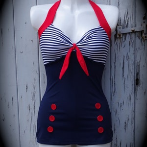 1950s Pin up Girl Navy Blue Stripe Swimming Costume 10 12 14 - Etsy