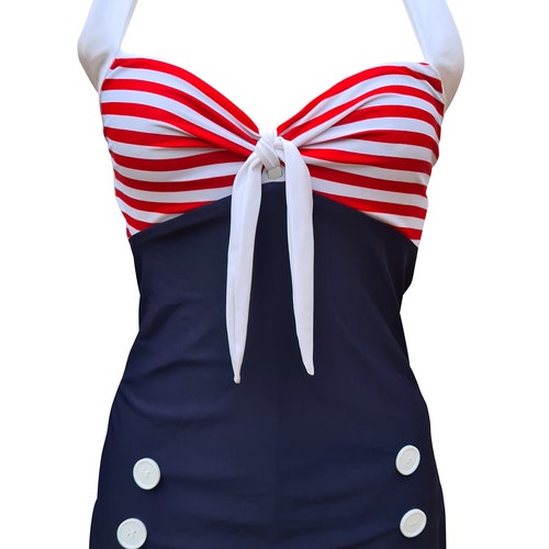 1950s Pin up Girl Navy Blue Stripe Swimming Costume 10 12 14 - Etsy