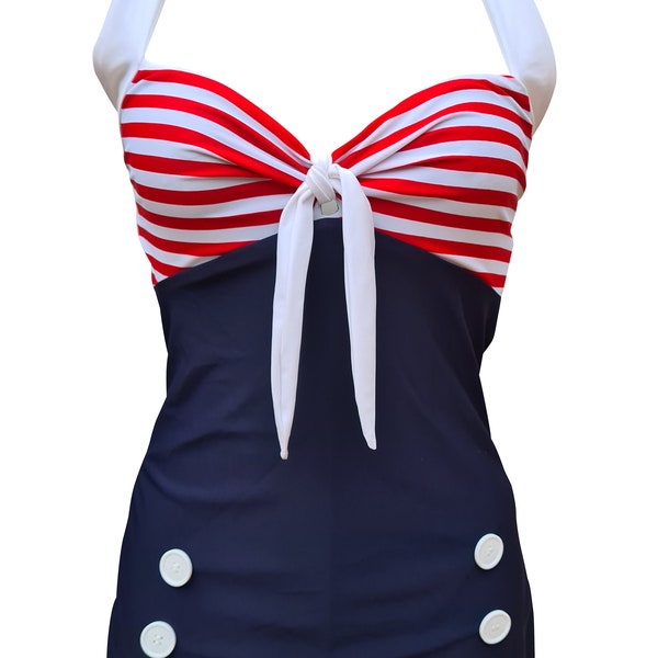 1950s Pin Up Girl Red Stripe Swimming Costume 10 12 14 16 18 20 - Retro Vtg Swimsuit Rockabilly Nautical Blue Sailor