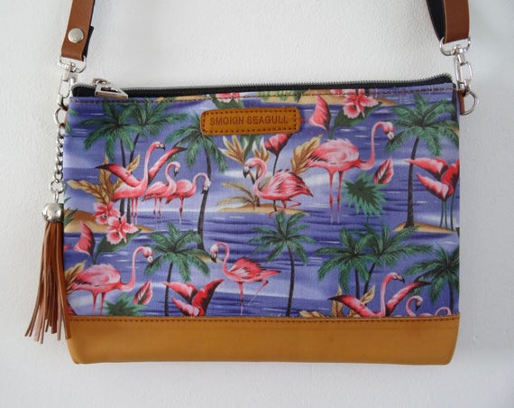 Tropical Hibiscus Palm Tree Island Summer Bag 50s Blue Flamingo Round Handbag