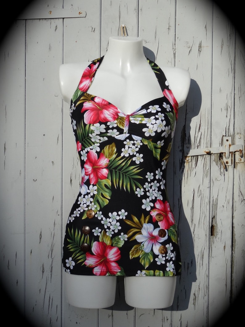 1950s Bathing Suits, Swimsuits History 1950s Pin Up Girl Hibiscus Swimming Costume 10 12 14 16 18 - Retro Vtg Bikini Swimsuit Rockabilly $54.33 AT vintagedancer.com