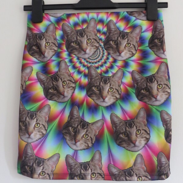 Psychedelic Cat Skirt - Size 8 10 12 - Mini Digital Print Retro Bodycon Kitten Kitsch Vintage Kawaii Girl 1950s Geek Chic Pin Up Birthday