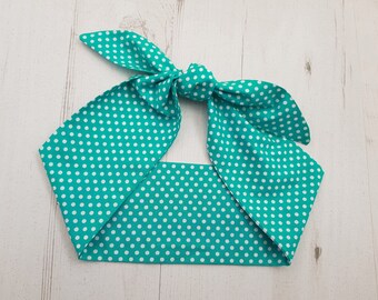 50s Vtg Teal Green Polka Dot Head Scarf With Wire or Not - Rockabilly Psychobilly Cute