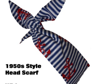 50s Vtg Navy Anchor Head Scarf With Wire or Not - Rockabilly Blue White & Red