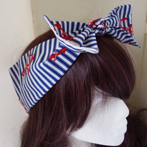 50s Vtg Red Anchor And Stripe Bow Head Scarf - Rockabilly Psychobilly Pin Up Girl Cute Steampunk Vintage Classic Nautical Sailor Sea Retro