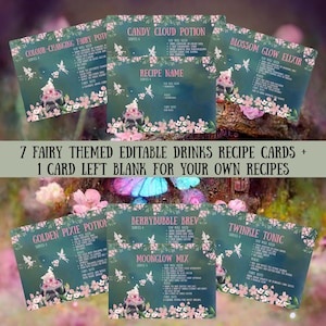 Könnte beinhalten: Ein Set aus acht rechteckigen Rezeptkarten mit dunkelblau-grünem Hintergrund, rosa Blumenrändern und Feen-Illustrationen. Jede Karte zeigt einen Namen für das Getränk, Zutaten und Anleitungen, wobei eine Karte für eigene Rezepte leer bleibt.