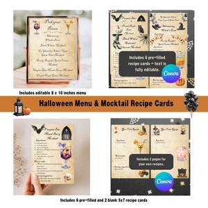 May include: A collection of Halloween-themed menu and recipe cards. The image features a menu with "Pick Your Poison" and mocktail names, along with recipe cards. The cards have spooky illustrations and text, with the Canva logo.