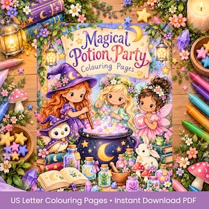May include: A coloring book cover titled Magical Potion Party Colouring Pages featuring three characters, an owl, and a rabbit around a cauldron. The scene includes flowers, stars, lanterns, and potion bottles in a vibrant, detailed illustration.