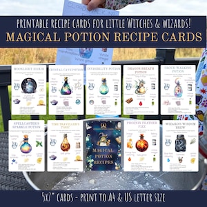 May include: A set of printable recipe cards titled Magical Potion Recipe Cards, featuring ten individual cards with illustrations of potions and ingredients like water, glitter, and vinegar. The cards include titles such as Moonlight Elixir and Dragon Breath Potion, with instructions for each. The text specifies 5x7 cards, print to A4 and US letter size.