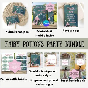 Könnte beinhalten: Ein Fairy Potions Party-Bundle mit druckbaren Einladungen, Gastgeschenkanhängern, Getränkerezepten, individuellen Schildern und Punschflaschenetiketten. Designs mit Blumen- und Feenmotiven und Texten.