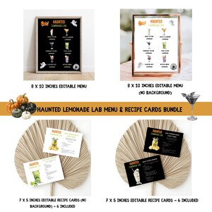 Könnte beinhalten: Ein Bundle mit druckbaren Artikeln zum Thema Halloween. Enthält ein editierbares Menü im Format 20 x 25 cm und editierbare Rezeptkarten im Format 18 x 13 cm. Das Menü hat einen schwarzen Hintergrund mit gruseligen Cocktail-Illustrationen und dem Text "Haunted Lemonade Lab".