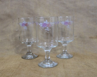 Set of Three Floral Stemmed Glasses from Libbey in the Pfaltzgraff "Trouseau" Pattern - 8 Ounces Glasses