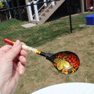 Russian Folk Art Tableware Spoon in the Khokhloma Style - Hand Painted Spoon in Traditional Colors of Russian Folk Art - Gold, Black & Red