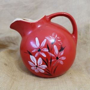 Red Ball Beverage Pitcher with Hand Painted Flowers - Holds 82 Ounces
