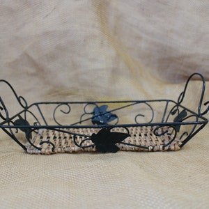 Green Wire and Wicker Basket - Rectangle Handled Shallow Wire / Wrought Iron and Wicket Basket - Green Metal & Wicker Basket with Leaves