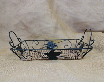 Green Wire and Wicker Basket - Rectangle Handled Shallow Wire / Wrought Iron and Wicket Basket - Green Metal & Wicker Basket with Leaves