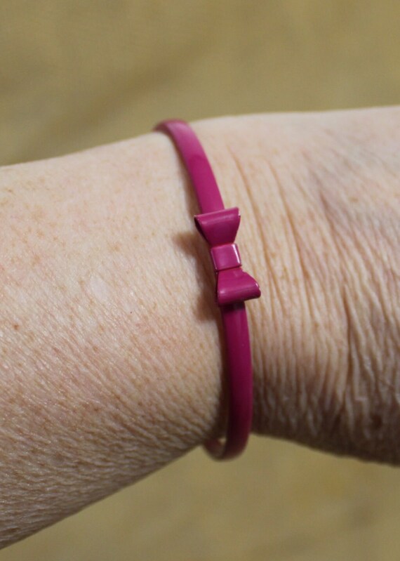 Thin Raspberry Pink Bangle Bracelet with Bow - De… - image 2