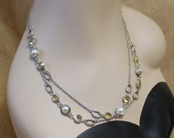 Long or Layering Silver Tone Metal Necklace with Faux Pearls,  Faceted Citrine Stones, Silver Tone Circles and Rhinestones