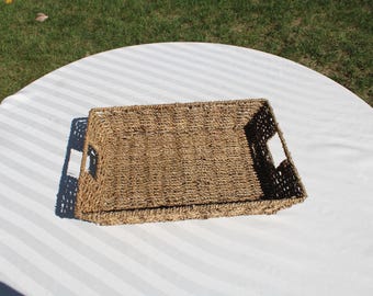 Large Shallow Rectangle Rope Basket on Metal Frame  with Handles