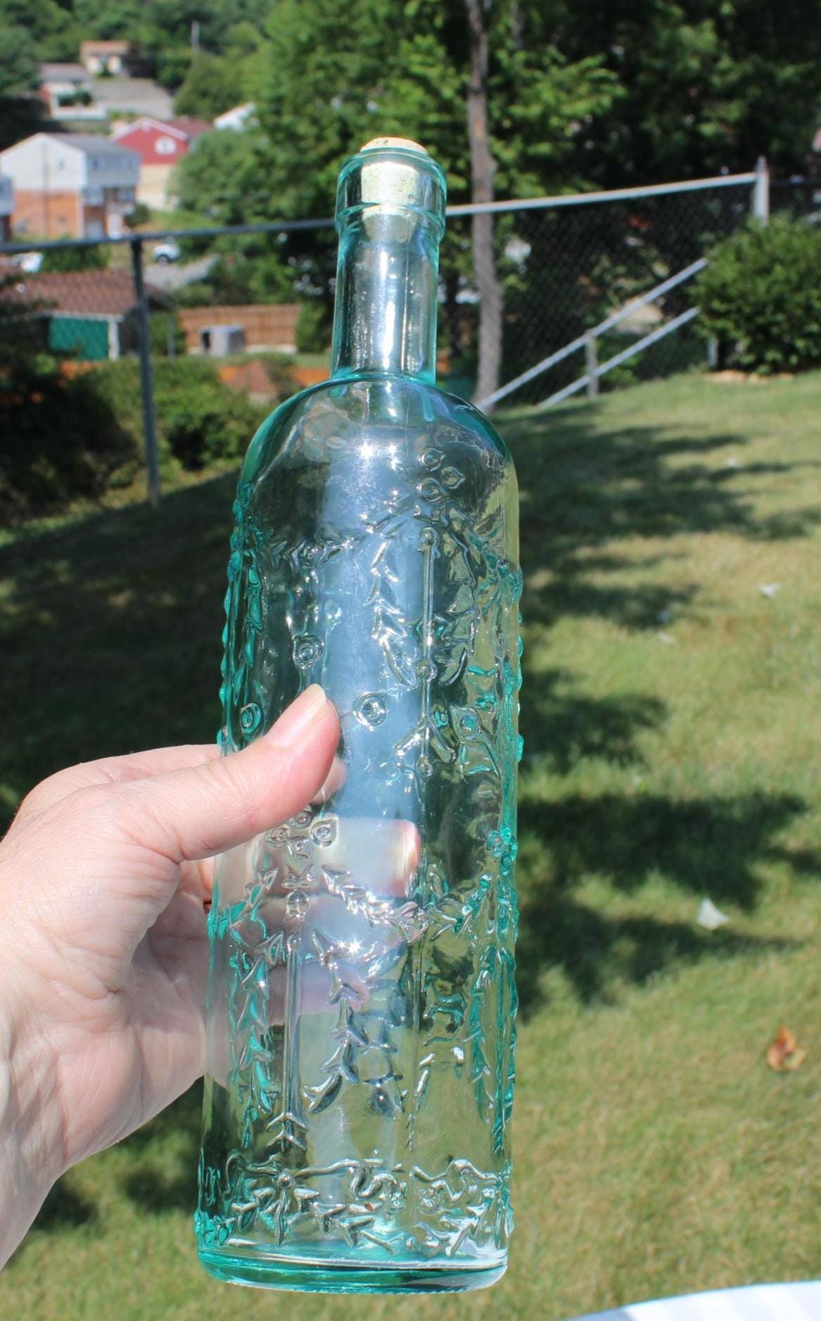 Vetreria Etrusca Bottle - Clear Green Glass Bottle With Embossed