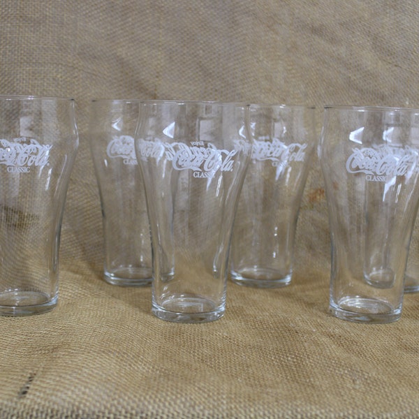 Set of Six Clear Coca Cola Drinking Glasses with White Lettering From Libbey Glass Co.