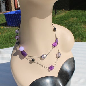 Long Varying Purple Beaded Necklace with Dark Gray / Black  Metal Chain - Intermittent Chain and Bead Necklace