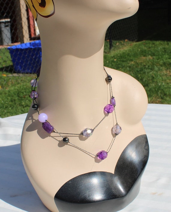 Long Varying Purple Beaded Necklace with Dark Gra… - image 1