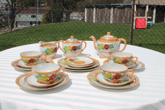 Peach Lusterware Tea / Luncheon Set Made in Japan - Bold Orange