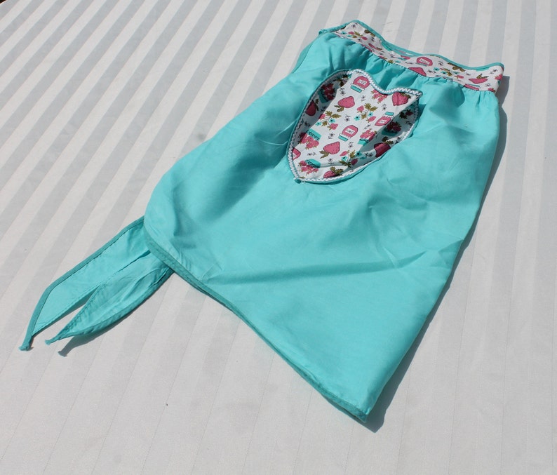 Vintage Turquoise Half Apron with Pink Strawberries and Jam Waistband and Heart Pocket